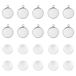 Нержавеющая Сталь Цвет 304 подвесные кабошоны из нержавеющей стали и полукруглый стеклянный кабошон, плоско-круглые, цвет нержавеющей стали, Настройки: 21.5x18x2 мм, отверстие : 2.2 мм, кабошон: 16x8 мм, 2 шт / комплект