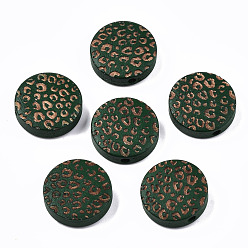 Dark Green Painted Natural Wood Beads, Laser Engraved Pattern, Flat Round with Leopard Print, Dark Green, 15x4.5mm, Hole: 1.5mm