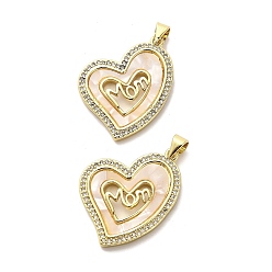 Настоящее золото 18K Латунные подвески, с микропаве из кубического циркония и ракушкой, сердце, долговечный, без кадмия и без свинца, стойки покрытие, реальный 18 k позолоченный, 26x24.5x3 мм, отверстие : 4x3.3 мм