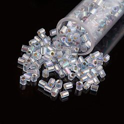 Clear 11/0 Two Cut Round Hole Glass Seed Beads, Hexagon, Silver Lined, Rainbow Plated, Clear, 2x2mm, Hole: 0.5mm, about 41000pcs/pound