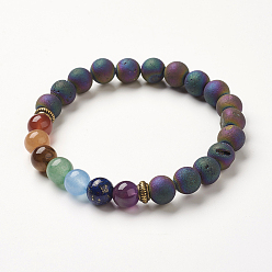 Натуральный Агат Чакра ювелирные изделия йога, гальванизированные натуральные агатовые бусины стрейч-браслеты, 2-1/8~2-3/8 дюйм (55~60 мм)