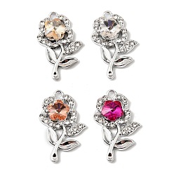 Серебро Подвески со стразами из сплава с УФ-покрытием, роза, с k 9 стеклом, граненые, серебряные, 27x17x5 мм, отверстие : 1.8 мм