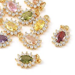 Mixed Color SHEGRACE Brass Micro Pave Cubic Zirconia Pendants, Cadmium Free & Nickel Free & Lead Free, Flower Charms, Real 18K Gold Plated, Mixed Color, 12x8x3mm, Jump Ring: 4x1mm, Inner Diameter: 2mm