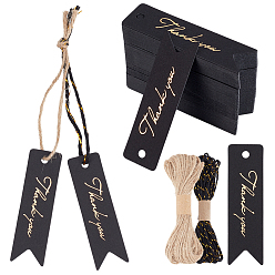 Черный 100шт. крафт-бумажные подарочные бирки с благодарностью, прямоугольные, с использованием хлопковых металлических нитей длиной 10м и джутового шнура длиной 10м., чёрные, подарочная бирка: 7x2x0.03см