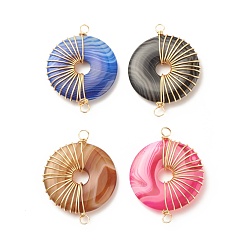 Golden Natural Striped Agate Connector Charms, Twisted with Copper Wire, Dyed, Mixed Color, Flat Round/Disc, Golden, 39~40.5x29.5~30.5x5~5.5mm, Hole: 2.5~3.3mm