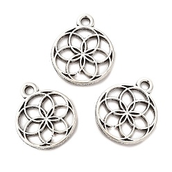 Античное Серебро Сплавочные подвески тибетского стиля, полый, плоские круглые с цветком, античное серебро, 17x14x1 мм, отверстие : 1.7 мм, Около 833 шт / 500 г