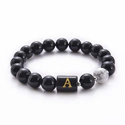 Letter A 10mm natürliche schwarze Onyx- (gefärbt und erhitzt) und Howlith-Perlen-Stretcharmbänder, Alphabet-Armbänder, Buchstabe a, 6.60 Zoll (16.76cm)~8.50 Zoll (21.58cm)