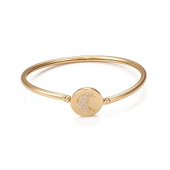 Clear Rack Plating Brass Micro Pave Cubic Zirconia Bangles, Real 18K Gold Plated Flat Round with Moon Clasp Bangles, Long-Lasting Plated, Cadmium Free & Lead Free, Clear, Inner Diameter: 2-1/4 inch(5.6cm)