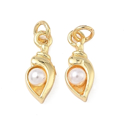 Золотой Латунные подвески, форма спиральной оболочки, с жемчужинами из АБС-пластика и соединительными кольцами, без свинца и без кадмия, долговечный, стойки покрытие, золотые, 17x6.5x5 мм, отверстие : 3 мм