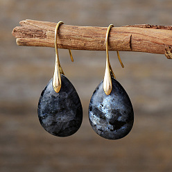 Larvikite Серьги-капли из латуни, с натуральным ларвикитом, золотые, 40x18 мм