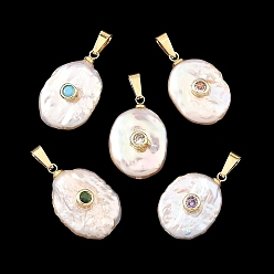 Floral White Natural Nucleated Baroque Keshi Pearl Pendants, Oval Charms with Brass Micro Pave Cubic Zirconia(Rrandom Color) Findings, Golden, Floral White, 20.5x14x6mm, Hole: 6x2.5mm