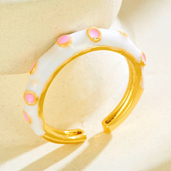 White Brass Enamel Cuff Open Rings for Women, Golden, White, 15~20mm