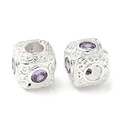 Серебро Латунные кубические сиреневые циркониевые европейские бусины, долговечный, кубические, серебряные, 9.5x9.5x9.5 мм, отверстие : 4 мм