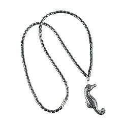 Sea Horse Vintage Synthetic Non-magnetic Hematite Pendant Column Beaded Necklaces, Sea Horse, 17.72 inch(45cm)