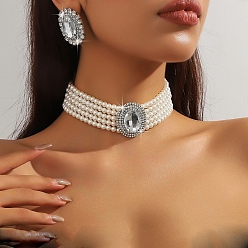 Прозрачный Овальный комплект из латунных, стеклянных и пластиковых бусин с цепочкой-ошейником и серег-гвоздиков, прозрачные, 280 мм