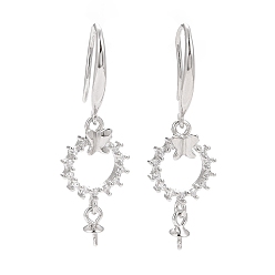 Platinum Anti-Tarnish Rhodium Plated 925 Sterling Silver Earring Hooks, with Clear Cubic Zirconia, Ring with Butterfly, for Half Drilled Beads, Platinum, 32mm, 21 Gauge, Pin: 0.7mm and 0.6mm, Tray: 6x3mm