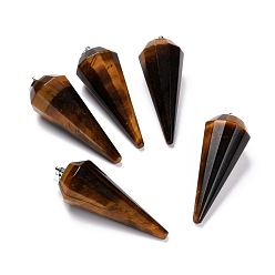 Тигровый глаз Природных тигровый глаз подвески, с латунной фурнитурой , граненые, 12 фасетный конус/шип/маятник, платина, 42~44x15~16 мм, отверстие : 3.6x4 мм