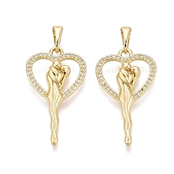 Настоящее золото 16K Подвески из латуни с микро-паве ко Дню святого Валентина, прозрачные циркониевые подвески, пара с подвесками в виде сердечек, реальный 16 k позолоченный, 28x16x3 мм, отверстие : 6x3 мм