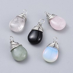 Смешанные камни Cmешанные подвески драгоценных камней, с латунной проволокой, покрытой платиной, слеза, 24~30x13~16x8 мм, отверстие : 3x3.5 мм