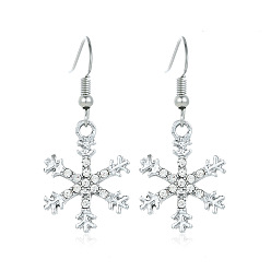 Платина Серьги-подвески из сплава со снежинками, со стразами, платина, 39x16.2 мм