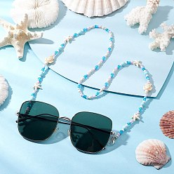 Платина Цепочки для очков для взрослых в виде морской звезды и черепахи из искусственной бирюзы, стеклянных семян и пластиковых бусин, с карабинами из цинкового сплава и резиновыми петлями на концах, платина, 700 мм