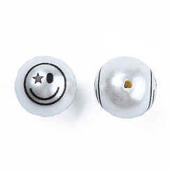 Black ABS Plastic Imitation Pearl Beads, with Printed, Round with Smiling Face, Black, 10mm, Hole: 1mm