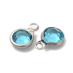 Cyan 304 Stainless Steel with Glass Charms, Stainless Steel Color, Faceted Flat Round, Cyan, 9.5x6.5x2mm, Hole: 1.5mm