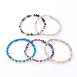 Mixed Stone Natural & Synthetic Gemstone Beads Stretch Bracelets, with Golden Plated Brass Beads, Round, Inner Diameter: 2-1/4 inch(5.7cm)
