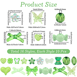 Lime 160Pcs 16 Styles Mixed Styles Acrylic Beads, Mixed Shapes, Lime, 8~25x10~34x4~12mm, Hole: 1~2mm, 10pcs/style