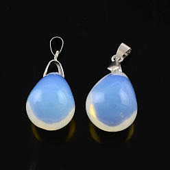 Opalite Opalite Pendants with Brass Findings, teardrop, Platinum, 32x17mm, Hole: 4mm