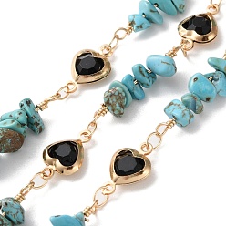 Синтетическая Бирюза Квадратные звенья латунных стеклянных цепей ручной работы, с синтетической бирюзовой крошкой для изготовления ожерелий и браслетов, долговечный, пайки, с катушкой, золотые, 20x4~6.5x3~5 мм, около 16.40 футов (5 м) / рулон