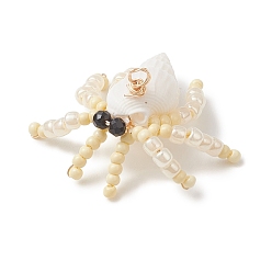 Желтая Старая Ткань  Подвески в виде краба из натуральной черной шпинели, натуральной ракушки-трубы и стеклянных бусин с огранкой круглой формы, прелести морских животных, с петлями из медной проволоки, золотой свет, старое кружево, 30x30~35x11~12 мм, отверстие : 2.5~3 мм