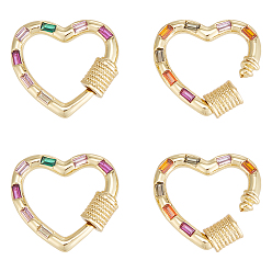 Настоящее золото 18K 4шт. латунные подвески-карабины с микропаве из разноцветных кубических цирконий, для изготовления ожерелий, быстрые ссылки, долговечный, сердце, реальный 18 k позолоченный, 18.5x21x3 мм, винт: 5 мм в диаметре
