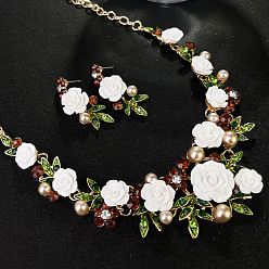 Белый Комплекты серег и ожерелий из цветочного сплава со стразами и акриловым искусственным жемчугом для женщин, белые, 480 мм