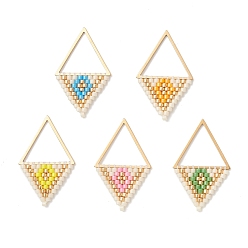 (52) Непрозрачная лаванда Подвески-ромбы из стеклянного бисера Миюки, с 304 соединительным кольцом из нержавеющей стали, золотые, разноцветные, 30x18.5x2 мм, отверстие : 13.5x14.5 мм