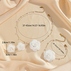 Белый Ожерелья с подвесками из розовой ткани и пластикового жемчуга, браслеты с подвесками и комплекты серег-гвоздиков, 304 нержавеющей стали ювелирных изделий, золотые, белые, 350 мм