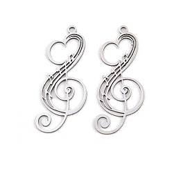 Нержавеющая Сталь Цвет 201 подвески из нержавеющей стали, подвеска в виде скрипичного ключа с сердечком и музыкальными нотами., цвет нержавеющей стали, 30x13x1 мм, отверстие : 1.5 мм