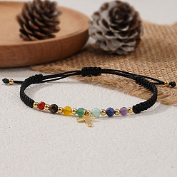 Смешанные камни Плетеные браслеты с подвесками в виде латунных крестиков, регулируемые браслеты из шнура с бусинами из смешанных драгоценных камней, 11.02 дюйм (28 см)