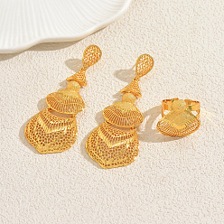 Золотой Винтажные комплекты из полых серег и колец в стиле ближневосточного сплава для женщин, золотые, серьги: 82x31 mm