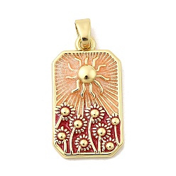 Оранжевый Прямоугольник с подвесками из латуни в форме солнца, стойки покрытие, долговечный, без кадмия и без свинца, золотые, оранжевые, 28.5x16x3.5 мм, отверстие : 3.5x5.5 мм