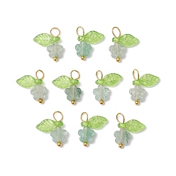 Клубничный Кварц 10шт. подвески-цветы из натурального зеленого клубничного кварца, с прозрачным акриловым светло-зеленым листом и петлями из медной проволоки, золотые, 13~13.5x11.5x3.5 мм, отверстие : 2.5x3 мм