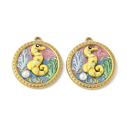 Sea Horse 304 подвески из нержавеющей стали, круглые, с эмалью и жемчугом, реальный 18 k позолоченный, ионное покрытие (ip), морской конек, 26x23.5x5 мм, отверстие : 1.4 мм