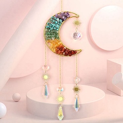 Смешанные камни Украшения из медной проволоки, крошки драгоценных камней и металлические подвески в виде луны, подвесные ловцы солнца, со стеклянным конусом-подвеской, 50~55x11 см