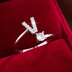 Letter V Кольца-манжеты из латуни и кубического циркония, буквы, платина, Буква V, внутренний диаметр: 17 мм