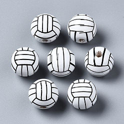 White Painted Natural Wood European Beads, Large Hole Beads, Printed, Volleyball, White, 16x15mm, Hole: 4mm