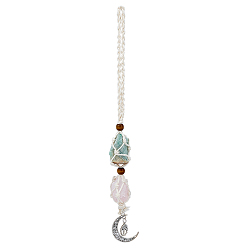 Antique Silver Natural Rose Quartz & Green Aventurine Pendant Decorations, with Cotton Rope and Alloy Pendants, Wood Beads, Moon & Tree, Antique Silver, 295mm