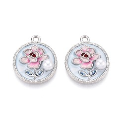 Платина Стойки обшивки сплава эмали подвески, плоские круглые и цветок, с ABS имитации жемчуга, платина, 23.5x20x5.5 мм, отверстие : 2 мм
