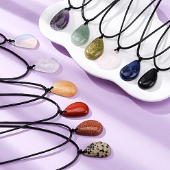 Смешанные камни Подвеска в виде капли из смешанных натуральных и синтетических драгоценных камней, регулируемые ожерелья с черным вощеным шнуром, 14.96~29.53 дюйм (38~75 см)