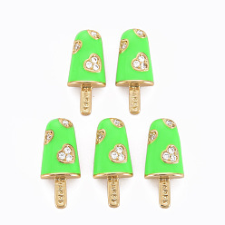 Lime Brass Micro Pave Clear Cubic Zirconia Pendants, with Enamel, Cadmium Free & Nickel Free & Lead Free, Real 16K Gold Plated, Ice Cream with Word Happy, Lime, 20x8.5x3.5mm, Hole: 3.5x2mm