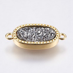 Light Grey Druzy Resin Links connectors, with Brass Finding, Oval, Golden, Light Grey, 21x9.5x3.5~4mm, Hole: 1.5mm